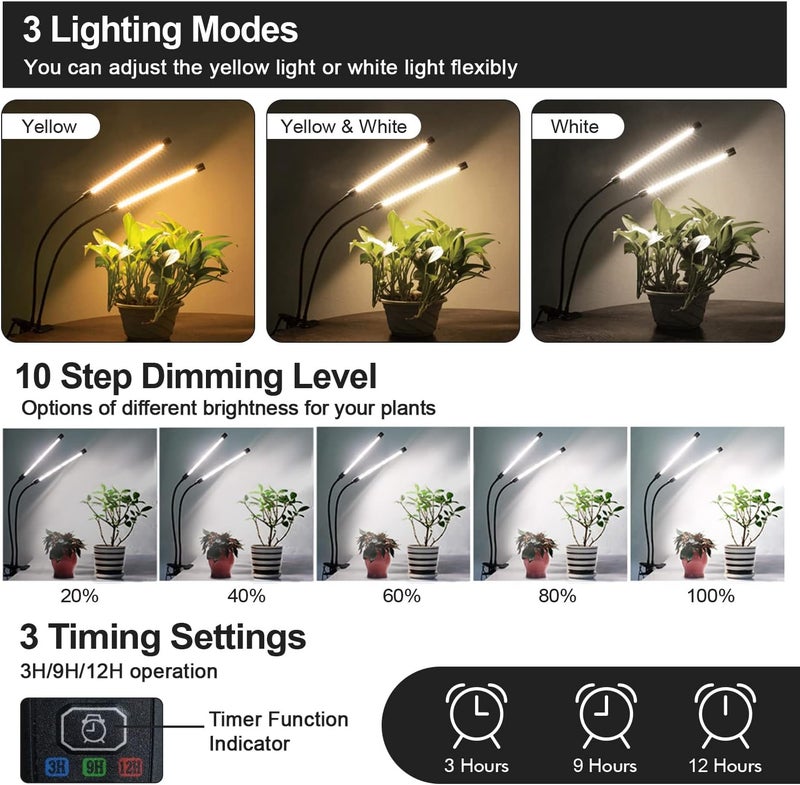 bseah Plant Grow Light for Indoor Plants, Full Spectrum Indoor Grow Light, 10-Level Dimmable and Auto ON & Off Timer (2 Head 2 Pack) - Image 2